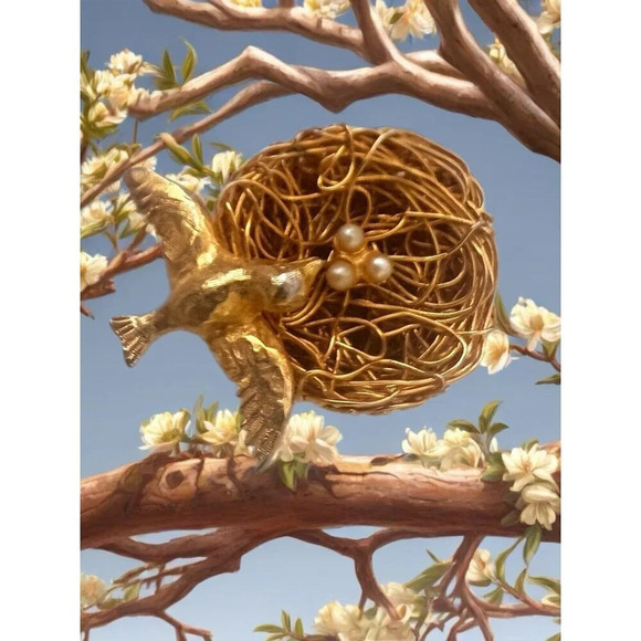 Jeanne brooch Bird with eggs 1950s Gold Tone Very Rare For Collection 🥰 - Picture 2 of 6